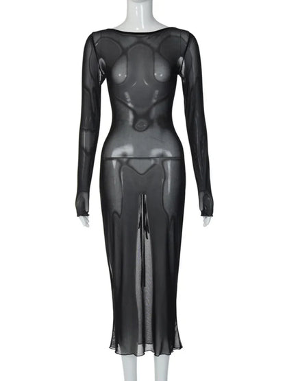 Mesh Sheer Long Sleeve Boat Neck Bodycon Midi Dress