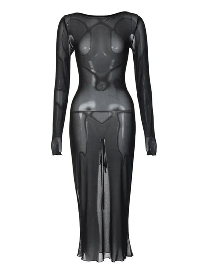 Mesh Sheer Long Sleeve Boat Neck Bodycon Midi Dress