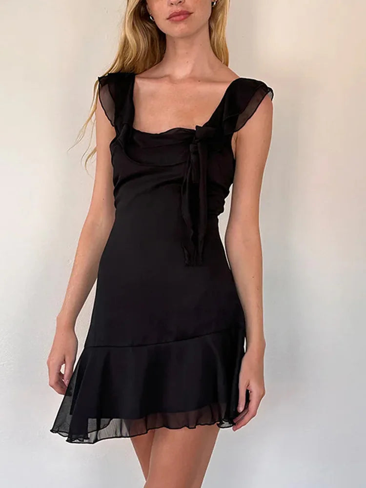 Sexy Chic Solid Dress Summer Women's 2024 New French Ribbon Skinny Sleeveless Sexy Backless High Waist A-line Mini Dress