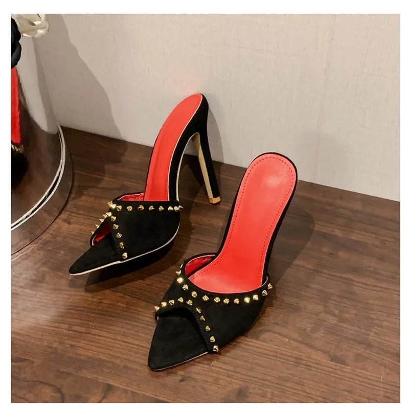 club pointed peep toe rivet denim Thin high heel party High Heel