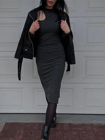 Cut Out Elegant O-neck Long Solid Casual Midi Dresses
