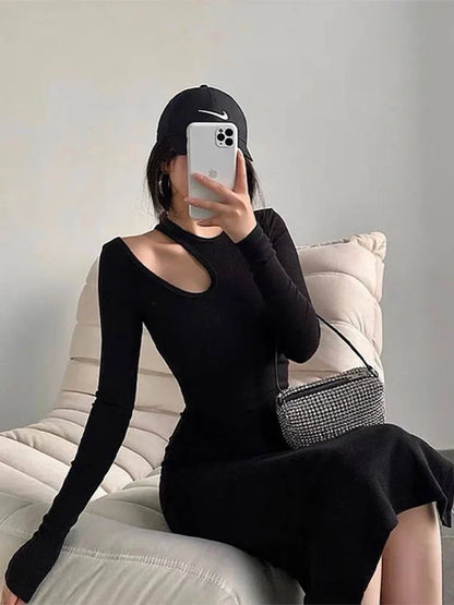 Mock Neck Shoulder Cutout Long Sleeve Side Slit Bodycon Midi Dress