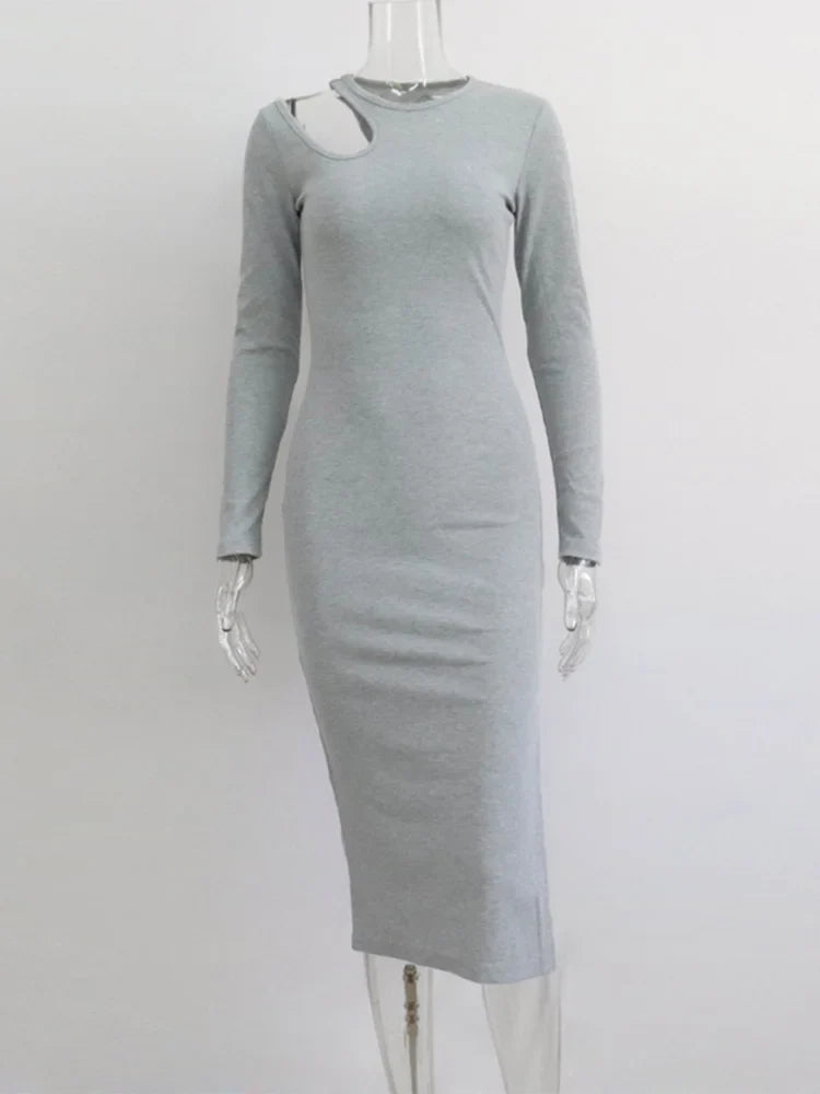Cut Out Elegant O-neck Long Solid Casual Midi Dresses
