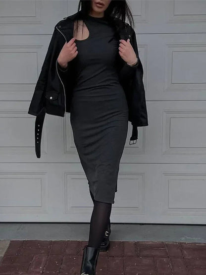 Mock Neck Shoulder Cutout Long Sleeve Side Slit Bodycon Midi Dress