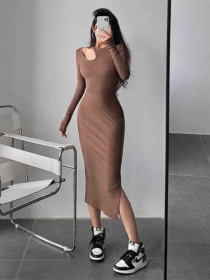 Mock Neck Shoulder Cutout Long Sleeve Side Slit Bodycon Midi Dress