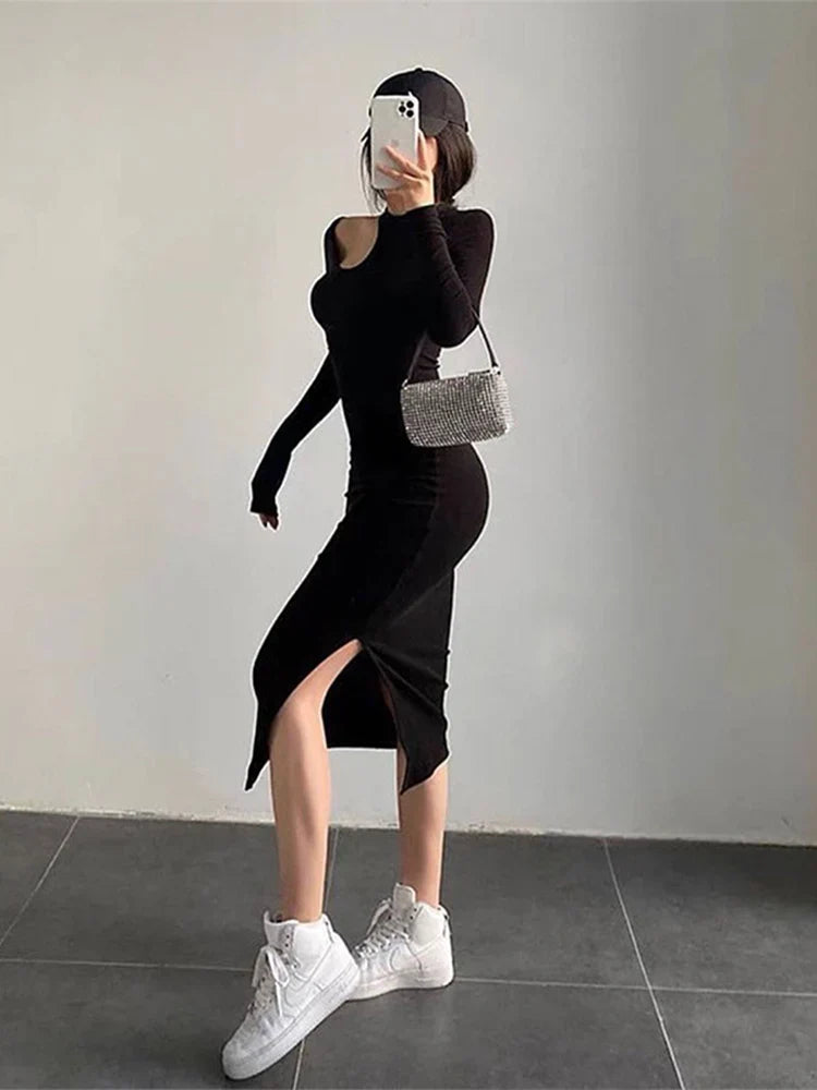 Cut Out Elegant O-neck Long Solid Casual Midi Dresses