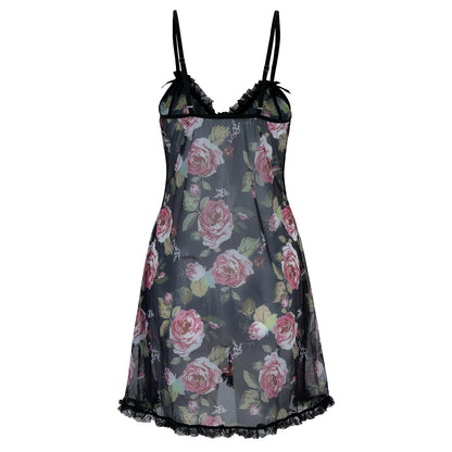 Floral Print Sheer Mesh Lace Trim Deep V-Neck Slip Mini Dress