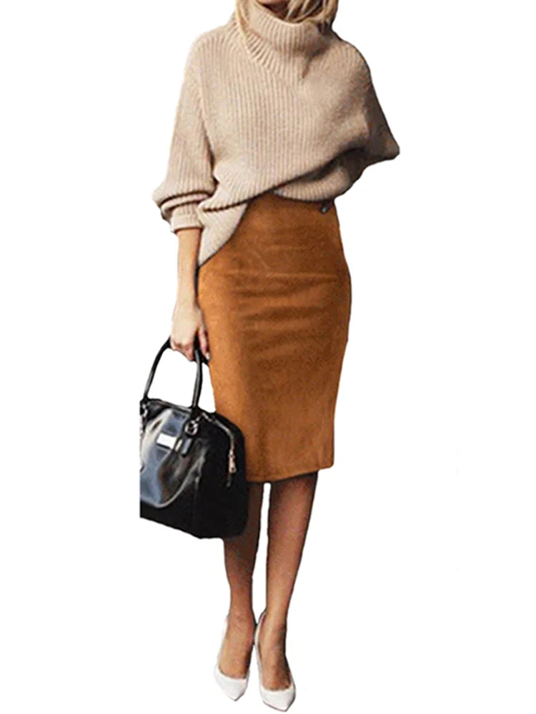Sexy Multi Color Suede Midi Pencil Skirt Women 2025 Fashion Elastic High Waist Office Lady Bodycon Skirts Saias