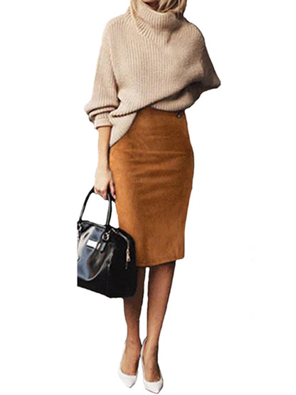 Sexy Multi Color Suede Midi Pencil Skirt Women 2025 Fashion Elastic High Waist Office Lady Bodycon Skirts Saias