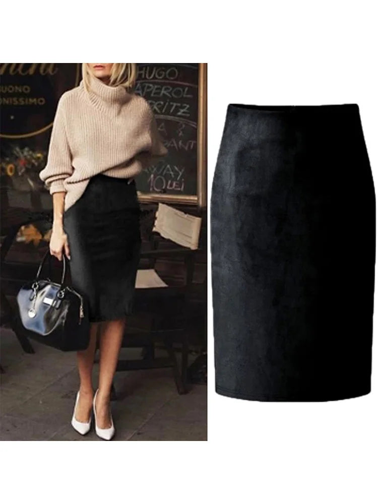 Sexy Multi Color Suede Midi Pencil Skirt Women 2025 Fashion Elastic High Waist Office Lady Bodycon Skirts Saias