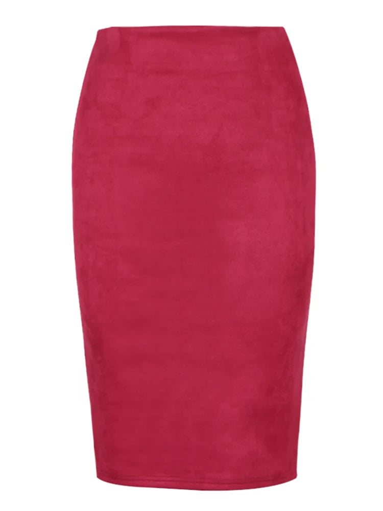 Sexy Multi Color Suede Midi Pencil Skirt Women 2025 Fashion Elastic High Waist Office Lady Bodycon Skirts Saias
