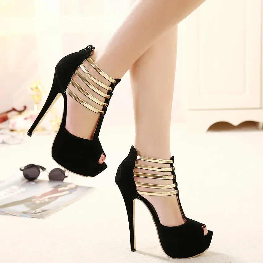 Sleek Open Toe Platform Narrow Band Hollow Elegant High Heel