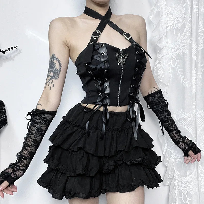 PU Camisole Grunge Gothic Bandage Zipper Backless Streetwear Aesthetic Leather Crop Top