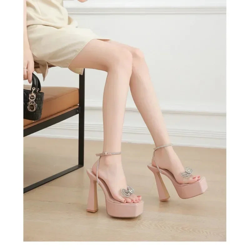 Peep Toe Platform Square Head Rhinestone Butterfly-knot 16CM High Heel High Heel