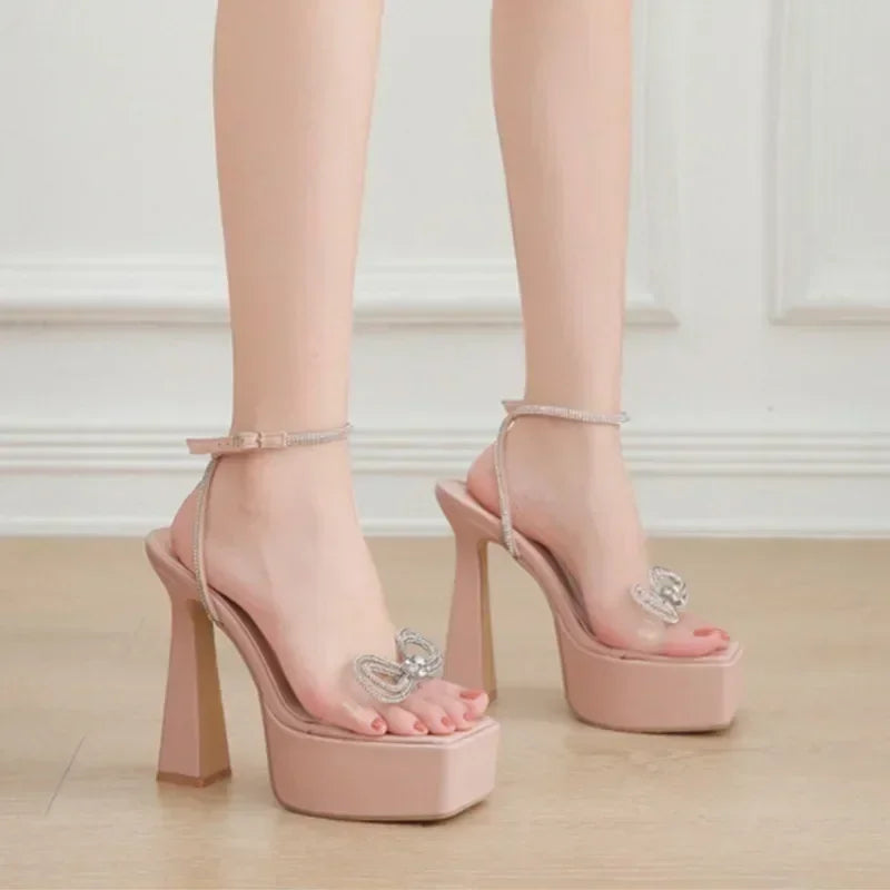 Peep Toe Platform Square Head Rhinestone Butterfly-knot 16CM High Heel High Heel