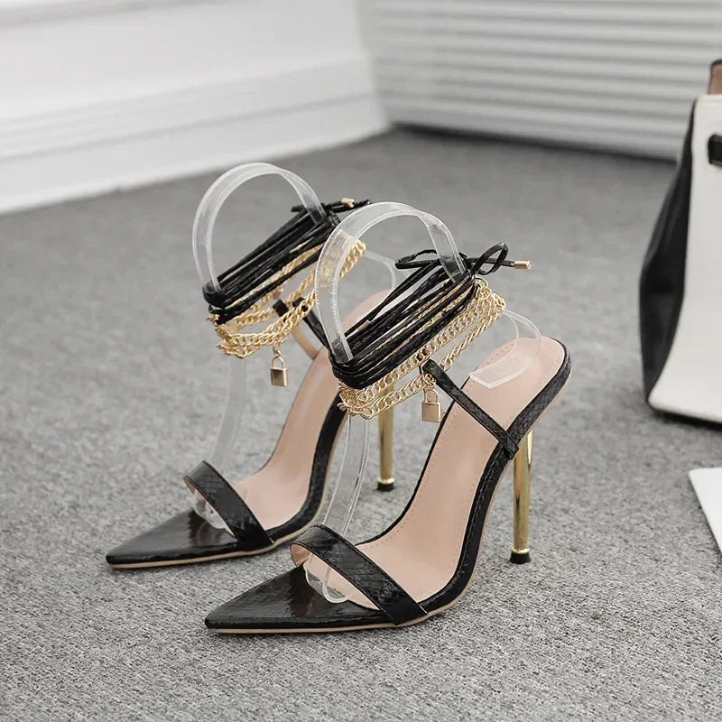 Trendy Peep Toe Pointed Head High Heel Chain Ankle Straps Summer High Heel