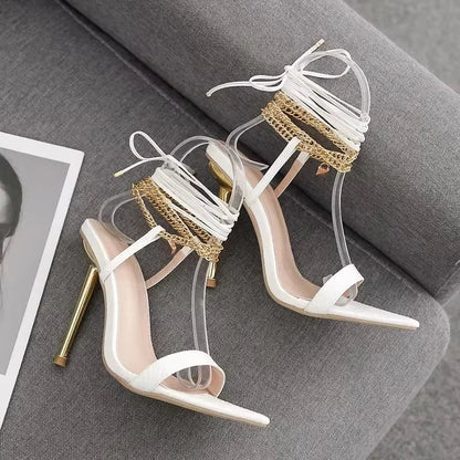 Trendy Peep Toe Pointed Head High Heel Chain Ankle Straps Summer High Heel