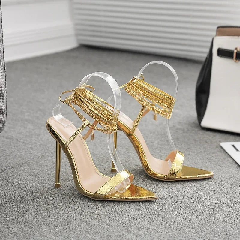 Trendy Peep Toe Pointed Head High Heel Chain Ankle Straps Summer High Heel