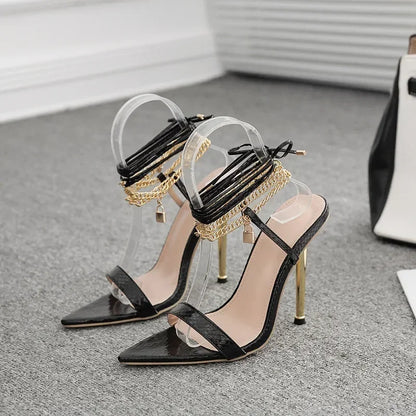 Trendy Peep Toe Pointed Head High Heel Chain Ankle Straps Summer High Heel