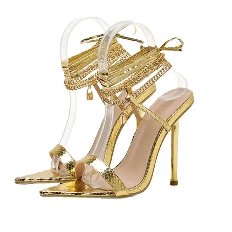 Trendy Peep Toe Pointed Head High Heel Chain Ankle Straps Summer High Heel