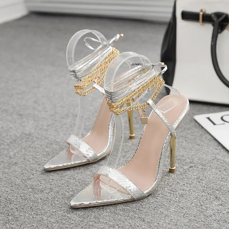 Trendy Peep Toe Pointed Head High Heel Chain Ankle Straps Summer High Heel