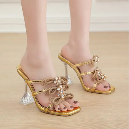 peep toe transparent square head glitter rhinestones butterfly knot party High Heel