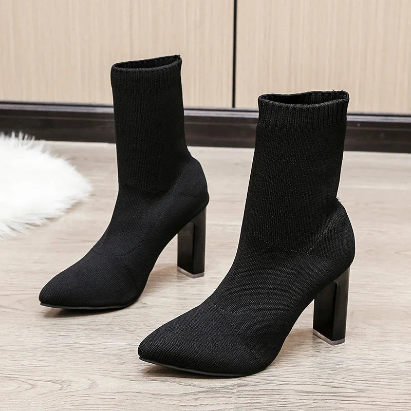 Pointed Toe Knitted Stretch Fabric Plus Size Black Modern Ankle Boot