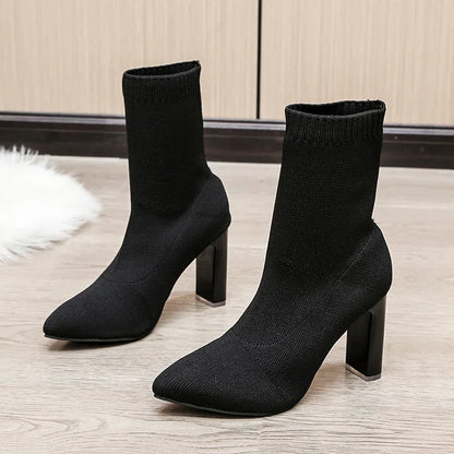 Pointed Toe Knitted Stretch Fabric Plus Size Black Modern Ankle Boot
