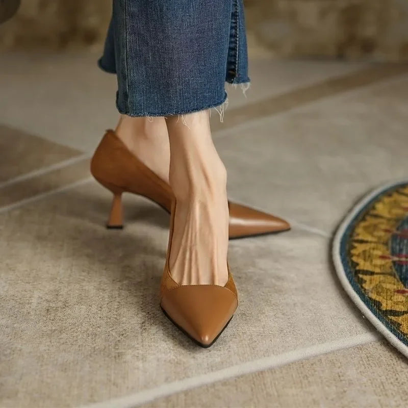 Pointed Elegant Summer Korean Fashion Apricot Black Color Block High Low Heel Pumps