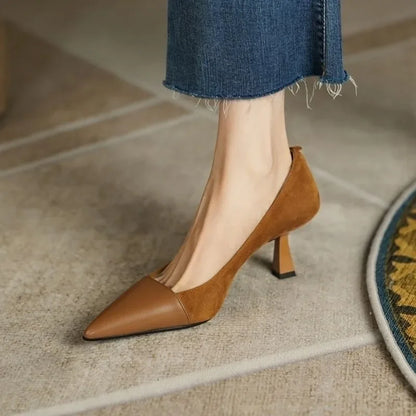 Pointed Elegant Summer Korean Fashion Apricot Black Color Block High Low Heel Pumps