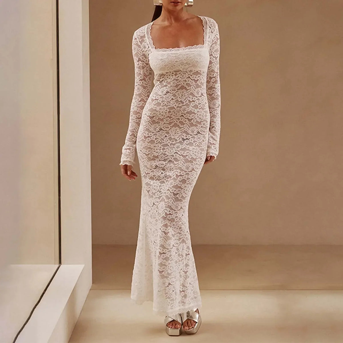 Square Neck Floral Lace Long Sleeve Bodycon Maxi Dress