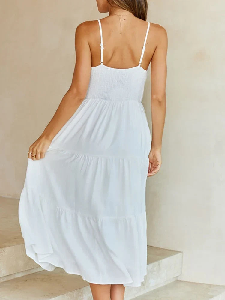 Solid Color Spaghetti Strap A Line Basic Backless Midi Dresses