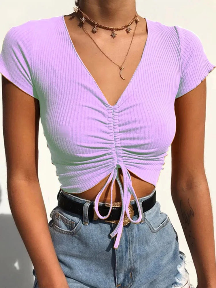 Sexy V Neck Cropped Tank Tops Women Drawstring Tie Up Front Camis Candy Colors Streetwear Slim Fit Ribbed Crop Top 2025