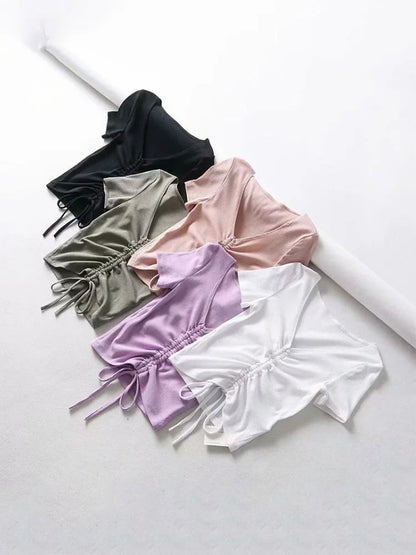 Sexy V Neck Cropped Tank Tops Women Drawstring Tie Up Front Camis Candy Colors Streetwear Slim Fit Ribbed Crop Top 2025