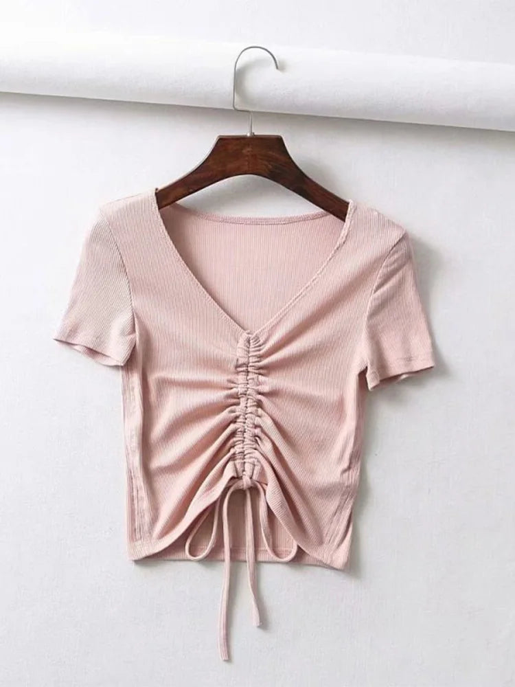 Sexy V Neck Cropped Tank Tops Women Drawstring Tie Up Front Camis Candy Colors Streetwear Slim Fit Ribbed Crop Top 2025