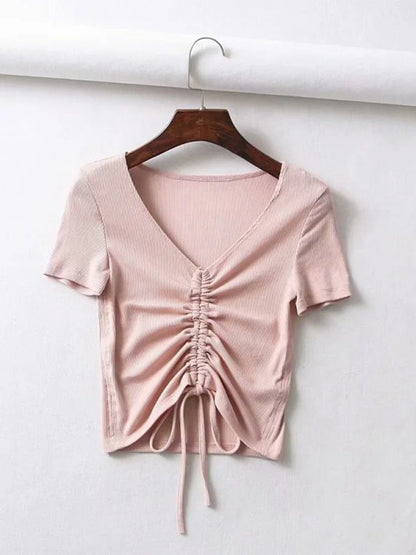 Sexy V Neck Cropped Tank Tops Women Drawstring Tie Up Front Camis Candy Colors Streetwear Slim Fit Ribbed Crop Top 2025