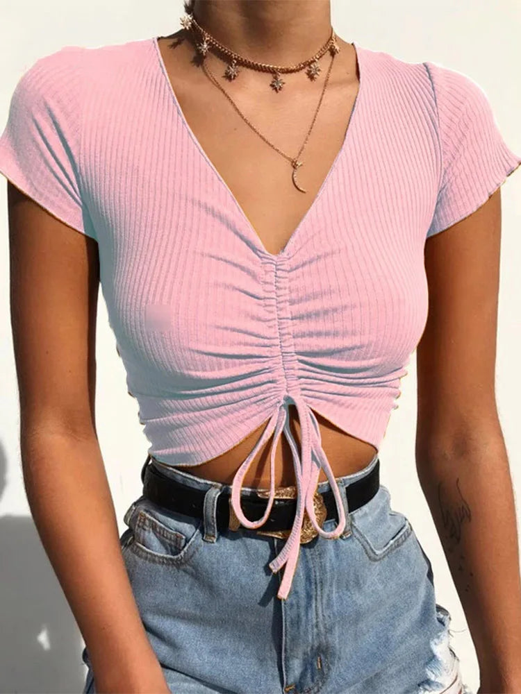 Sexy V Neck Cropped Tank Tops Women Drawstring Tie Up Front Camis Candy Colors Streetwear Slim Fit Ribbed Crop Top 2025