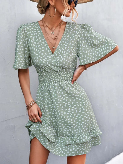 Dotted Print Surplice V-Neck Flutter Sleeve Smocked Waist Tiered Ruffle Mini Dress