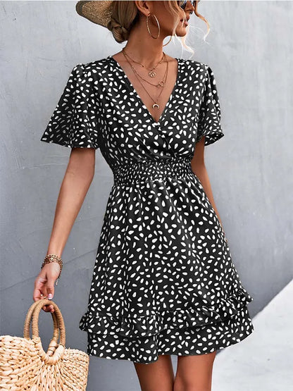 Dotted Print Surplice V-Neck Flutter Sleeve Smocked Waist Tiered Ruffle Mini Dress