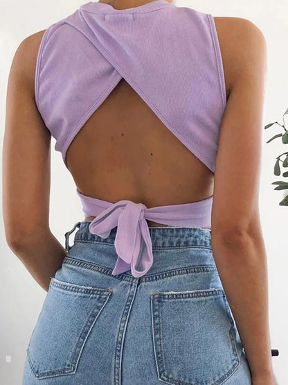 Sexy backless women tank top bandage slim crop top summer 2025 casual streetwear tops solid cotton soft criss cross top