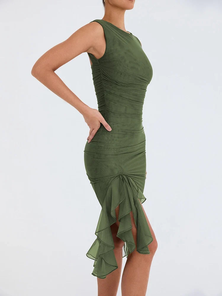 Elegant Ruffle Ruched Backless Midi Dress