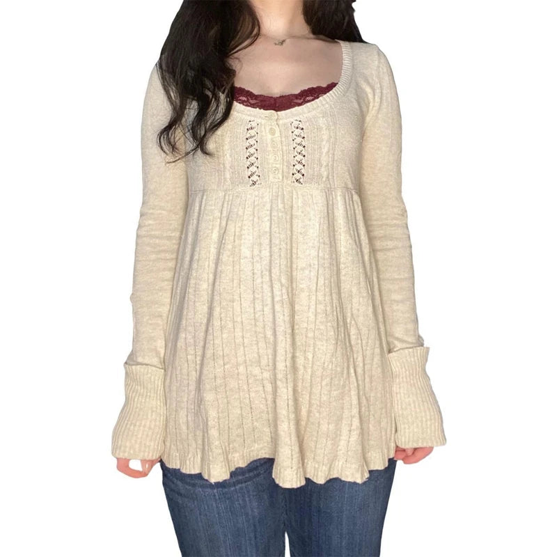 2000s Vintage Long Sleeve Babydoll Knitted Sweater Tops Cottage Milkmaid Pullovers Aesthetic Grunge Y2k Knitwear T-shirts Women