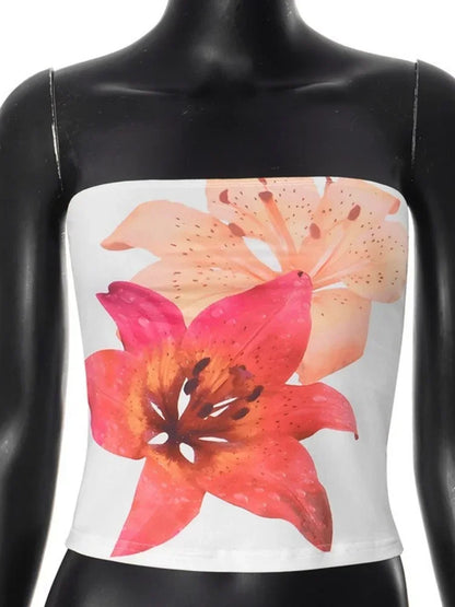 Sexy Floral Print Bustier Short Strapless Top One-Piece Sleeveless Slim-Fit Fashion Tops For Women Casual Neckless Y2k Bra Top
