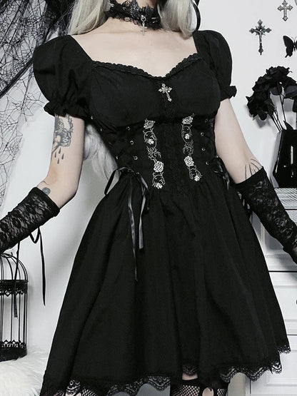 Gothic Lolita Lace Up Corset Embroidery Puff Sleeve Lace Hem Mini Dress