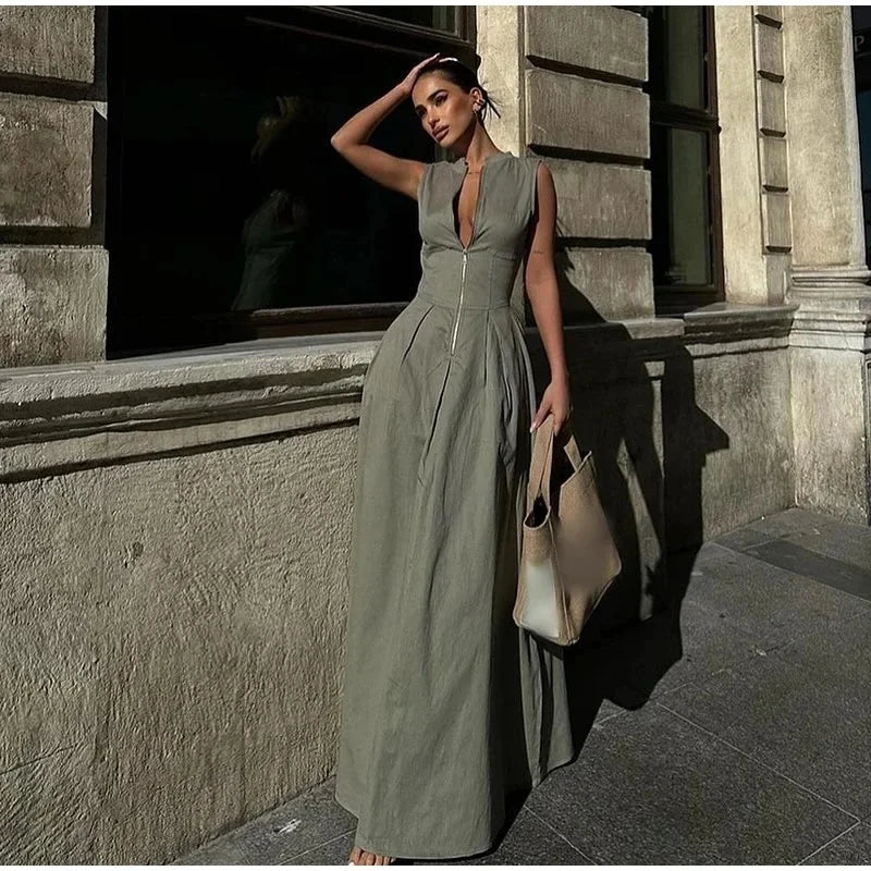 Sleeveless Spliced Zipper V-Neck Pleated Work Dress