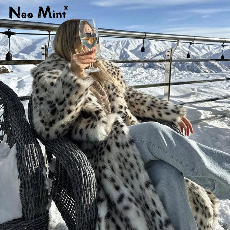 Exclusive Winter Long Belted Leopard Faux Fox Fur Coat Women Overcoats Ladies Stylish Street Fashion Fluffy Fox Fur Jacket