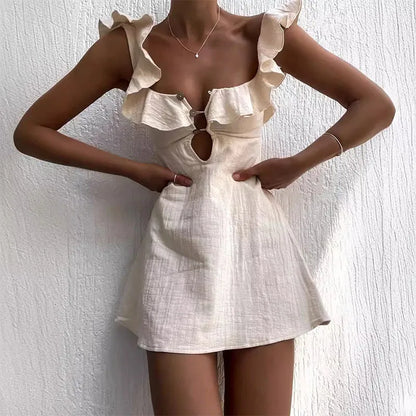 Square Neck Ruffle Strap Button Front Keyhole Cutout A-Line Mini Dress