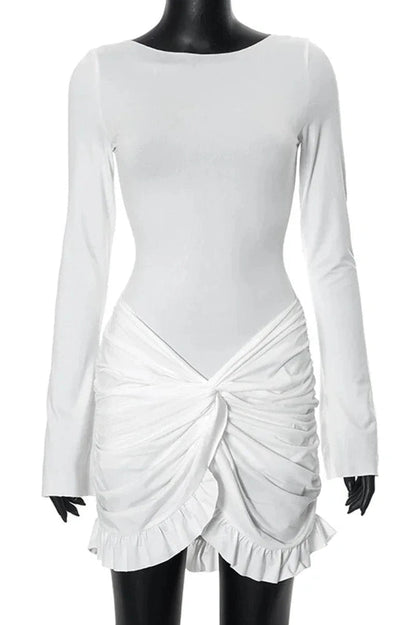 Long Sleeve Wide Neck Ruched Twist Front Ruffle Hem Mini Dress
