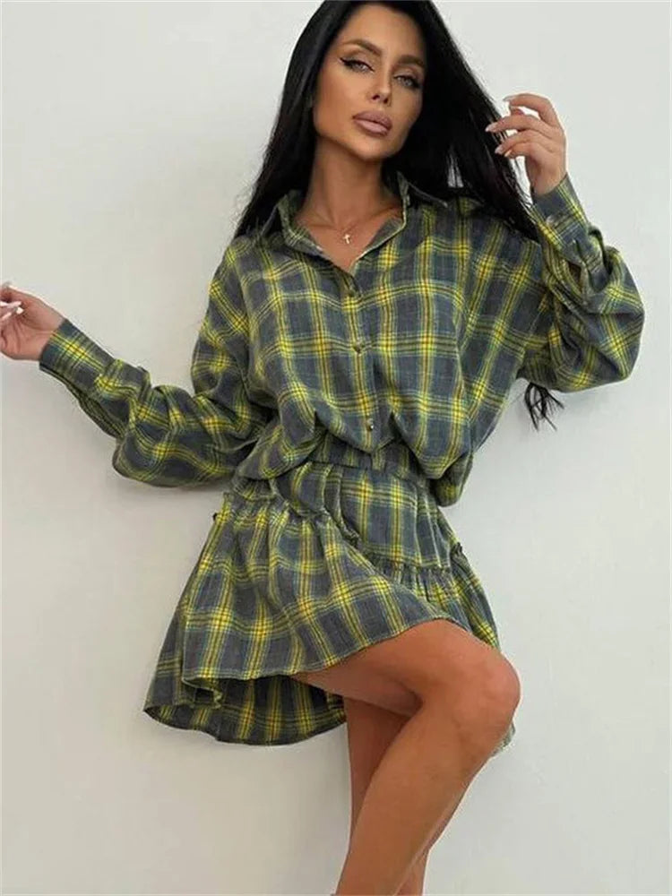 Female 2 Piece-Set Pleated Skirts Fashion Contrast Lapel High Waist Spring 2025 Shirts Outfits Women’s Mini Skirt Sets New