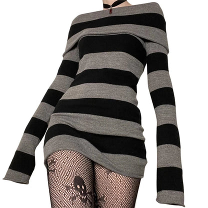 Goth Dresses Punk Gothic Witchy Dark Academia Women Off Shoulder Knitted Dress y2k Fairy Grunge Dresses Halloween Wear